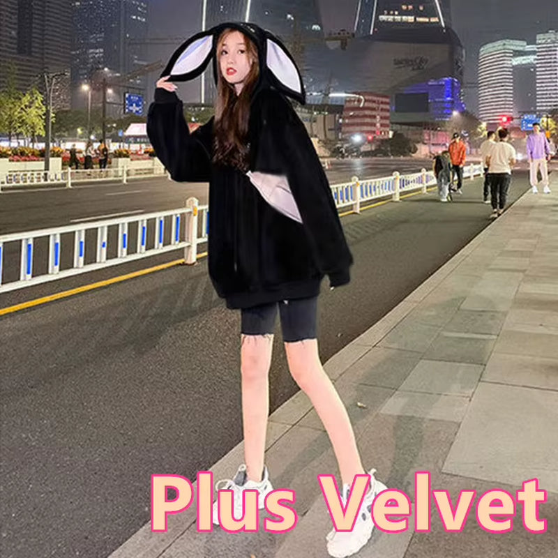 Sweet Cute Preppy Style Rabbit Ears plus Velvet Thick Hoodies Women Loose Long Sleeve Pullover Kangaroo Pocket Tops Sweatshirt