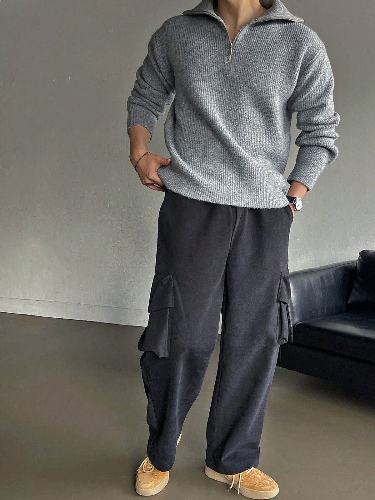 DAZY Men Ribbed Knit Quarter Zip Drop Shoulder Fall Sweater