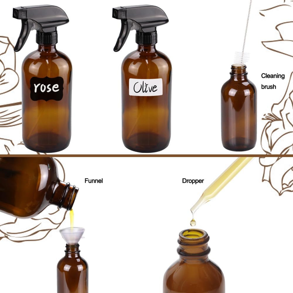 Glass Spray Bottles Kits, Bonytek Empty 12 10 Ml Roller Bottles, 12 Amber Essential Oil Bottle(216Oz,24Oz,82Oz) with Labels for Aromatherapy Cleaning Products