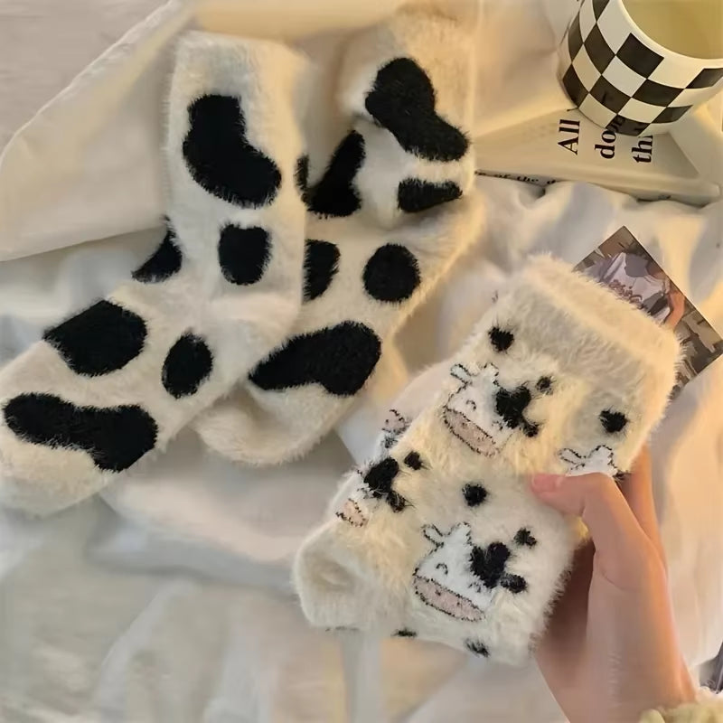 2 Pairs of Stylish Cow Spot Print Socks, Thickened Coral Fleece for Warmth, Women's Hosiery Collection