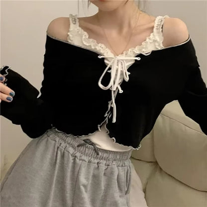 Women Long Sleeve T-Shirts Lace-Up Cardigan Patchwork Ruffles Trendy Sweet Lovely Crop Tops Sexy Females Coat Leisure Outwear