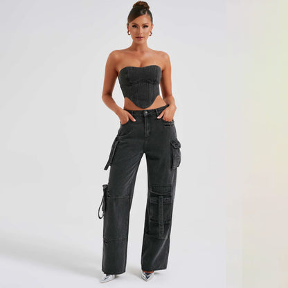 Women's Low-Waist Three-Dimensional Tube Top Jeans with Pocket Stitching