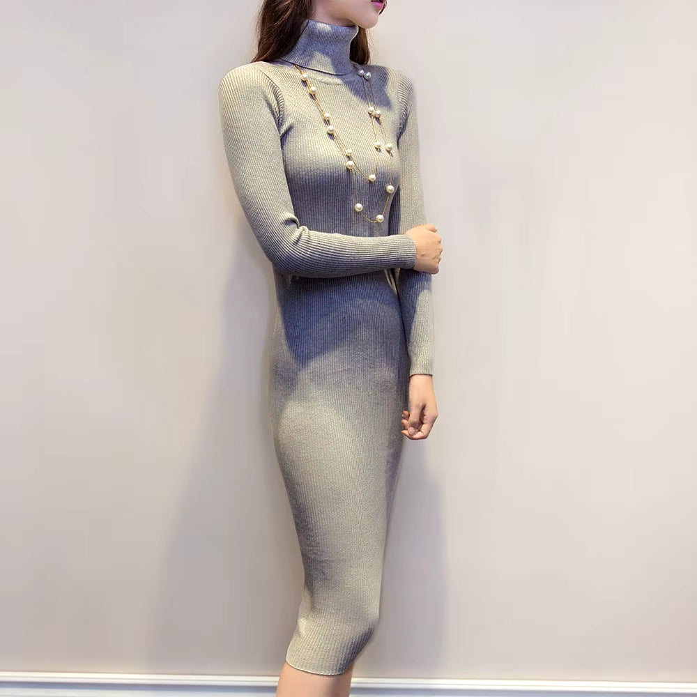 Women's Autumn Winter Knitted Turtleneck Bodycon Dress with Long Sleeves