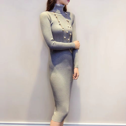 Women's Autumn Winter Knitted Turtleneck Bodycon Dress with Long Sleeves