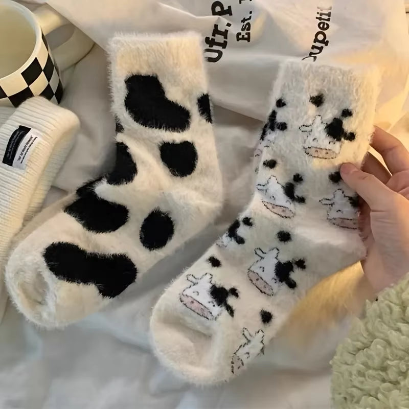 2 Pairs of Stylish Cow Spot Print Socks, Thickened Coral Fleece for Warmth, Women's Hosiery Collection