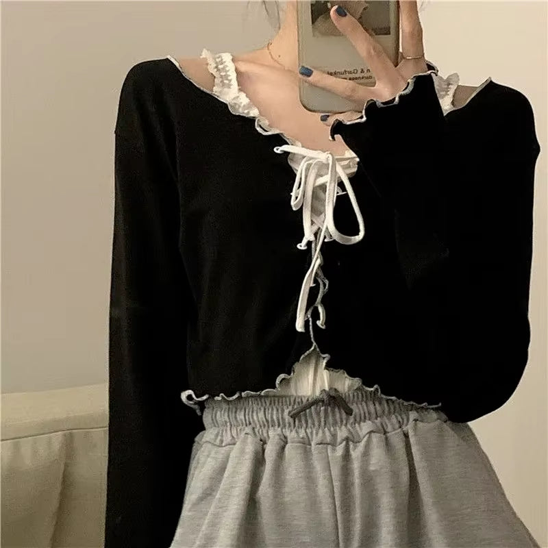 Women Long Sleeve T-Shirts Lace-Up Cardigan Patchwork Ruffles Trendy Sweet Lovely Crop Tops Sexy Females Coat Leisure Outwear