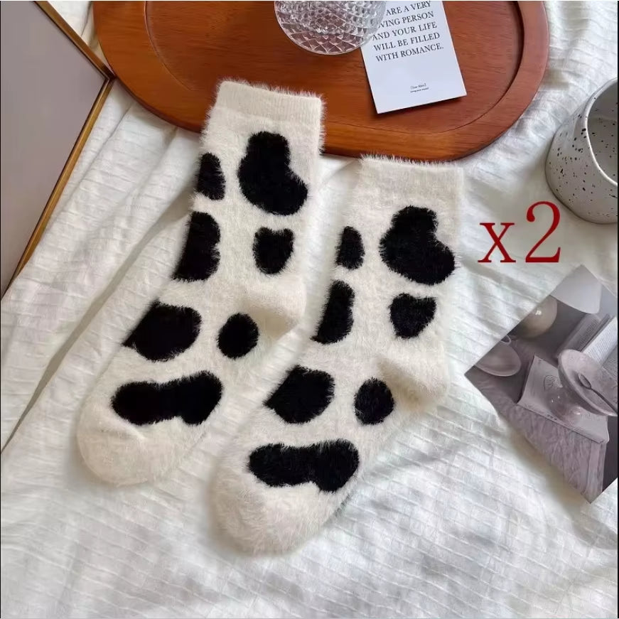 2 Pairs of Stylish Cow Spot Print Socks, Thickened Coral Fleece for Warmth, Women's Hosiery Collection