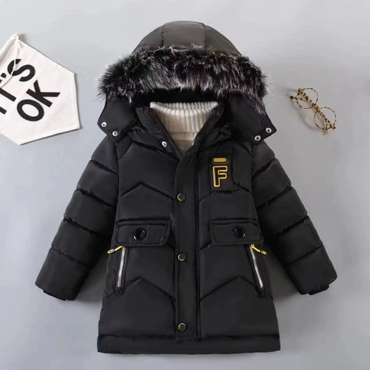 Boys' Winter Hooded Jacket with Letter Print - Thickened Cotton Snowsuit for Ages 3-10