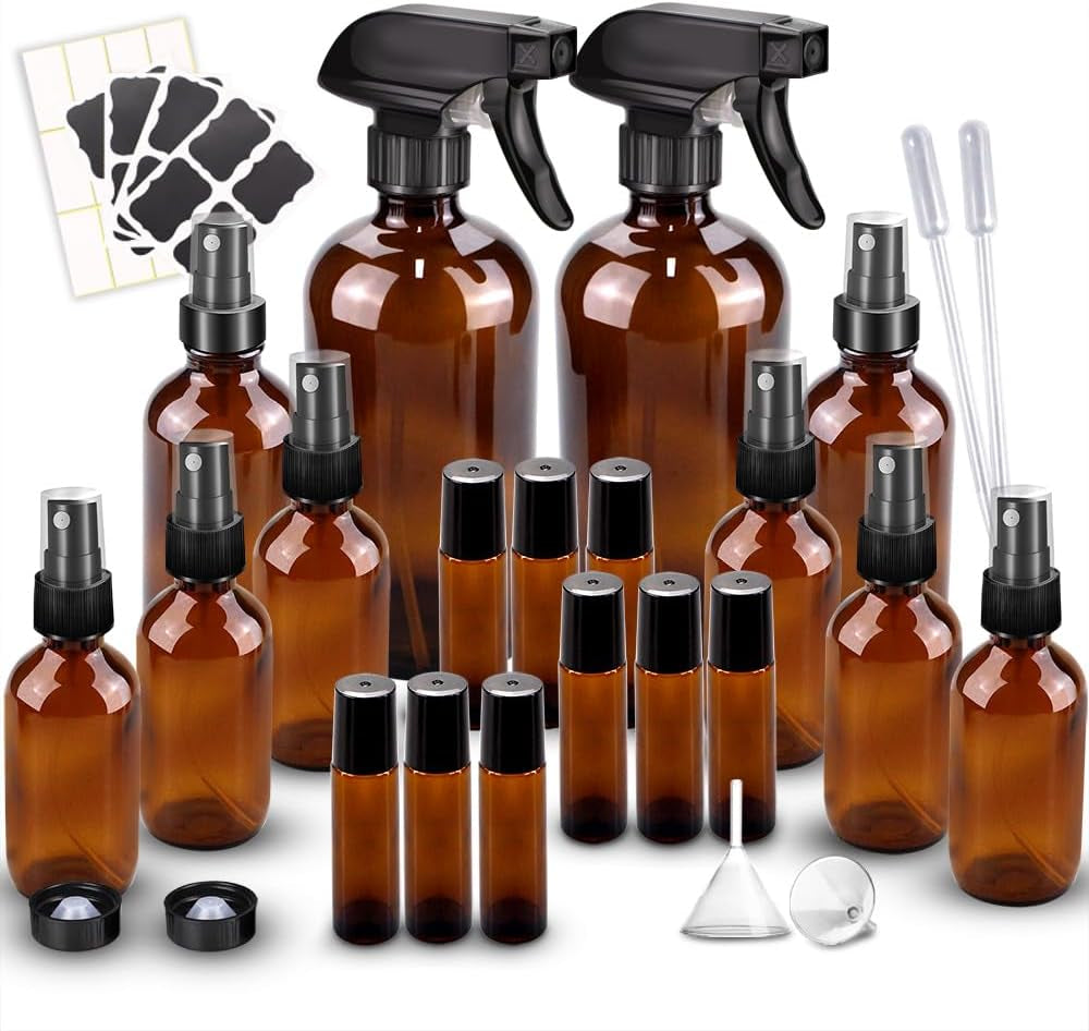 Glass Spray Bottles Kits, Bonytek Empty 12 10 Ml Roller Bottles, 12 Amber Essential Oil Bottle(216Oz,24Oz,82Oz) with Labels for Aromatherapy Cleaning Products