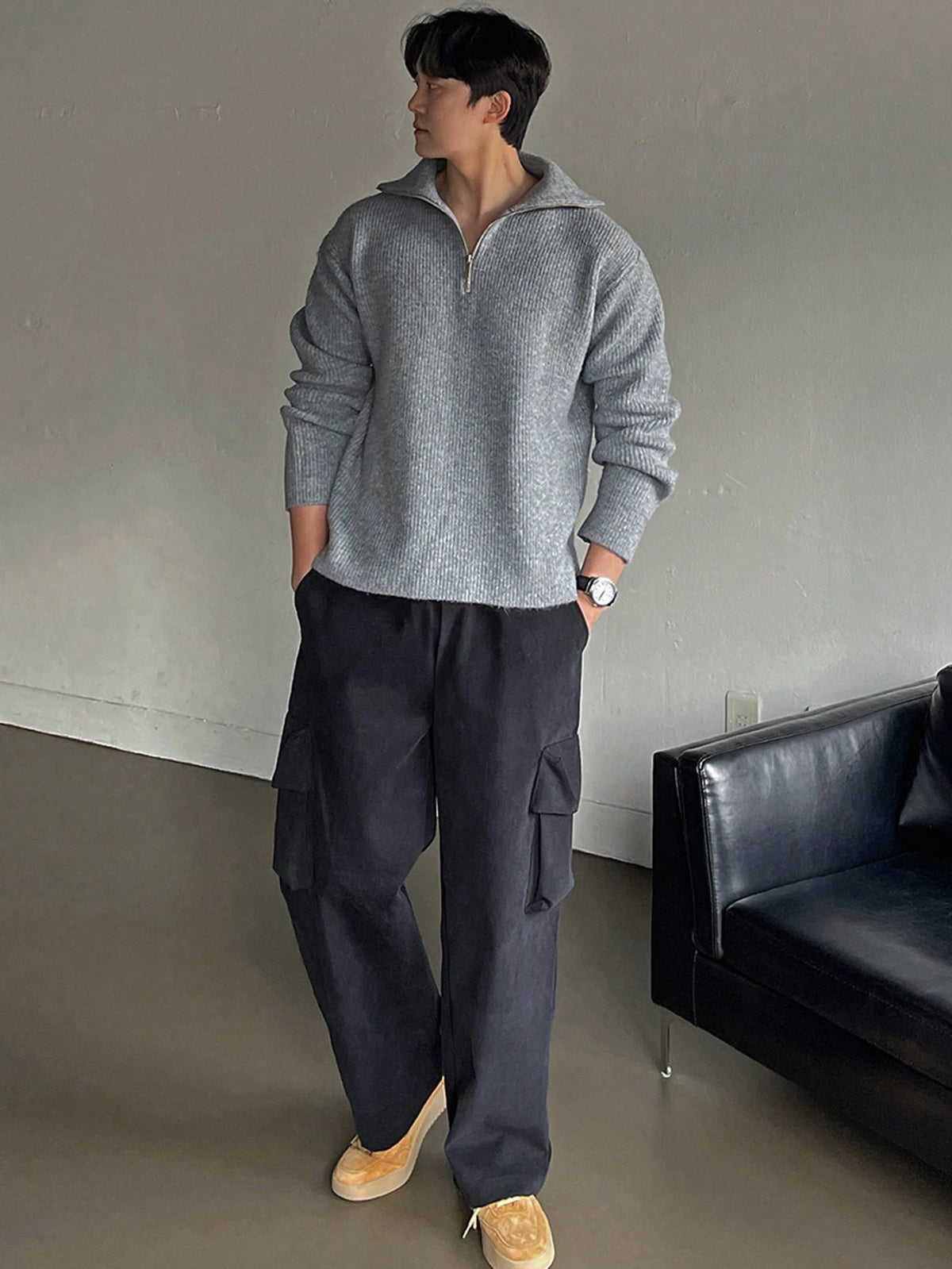 DAZY Men Ribbed Knit Quarter Zip Drop Shoulder Fall Sweater