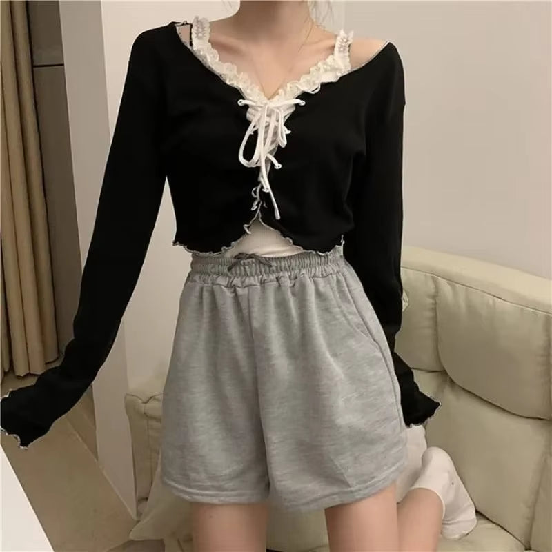 Women Long Sleeve T-Shirts Lace-Up Cardigan Patchwork Ruffles Trendy Sweet Lovely Crop Tops Sexy Females Coat Leisure Outwear