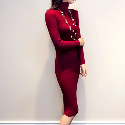 Women's Autumn Winter Knitted Turtleneck Bodycon Dress with Long Sleeves