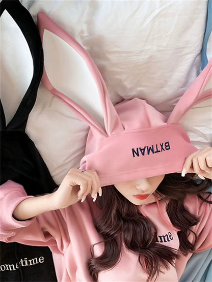 Sweet Cute Preppy Style Rabbit Ears plus Velvet Thick Hoodies Women Loose Long Sleeve Pullover Kangaroo Pocket Tops Sweatshirt