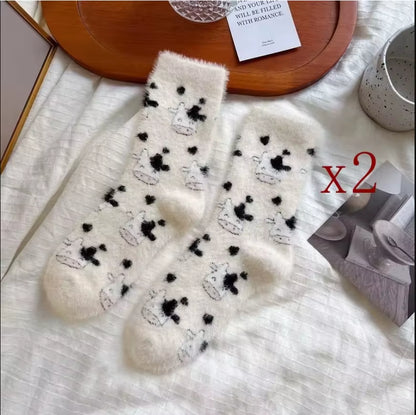 2 Pairs of Stylish Cow Spot Print Socks, Thickened Coral Fleece for Warmth, Women's Hosiery Collection