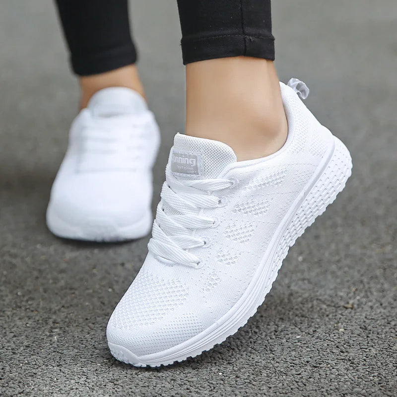 Women's Fashionable Breathable Mesh Sneakers - Casual Walking and Gym Flat Shoes in White