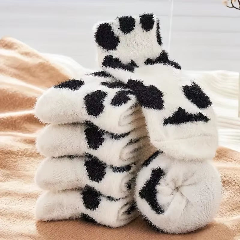 2 Pairs of Stylish Cow Spot Print Socks, Thickened Coral Fleece for Warmth, Women's Hosiery Collection