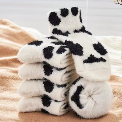 2 Pairs of Stylish Cow Spot Print Socks, Thickened Coral Fleece for Warmth, Women's Hosiery Collection