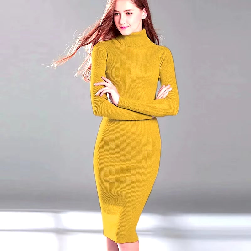 Women's Autumn Winter Knitted Turtleneck Bodycon Dress with Long Sleeves