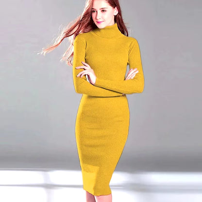 Women's Autumn Winter Knitted Turtleneck Bodycon Dress with Long Sleeves