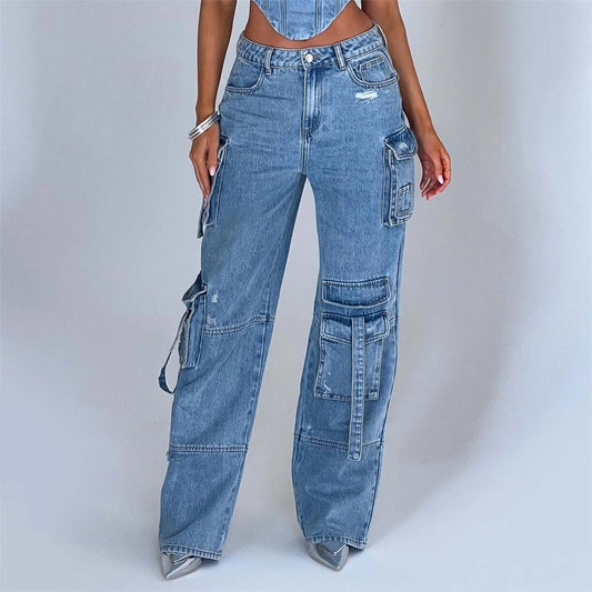 Women's Low-Waist Three-Dimensional Tube Top Jeans with Pocket Stitching