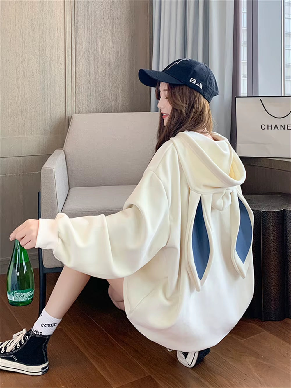 Sweet Cute Preppy Style Rabbit Ears plus Velvet Thick Hoodies Women Loose Long Sleeve Pullover Kangaroo Pocket Tops Sweatshirt