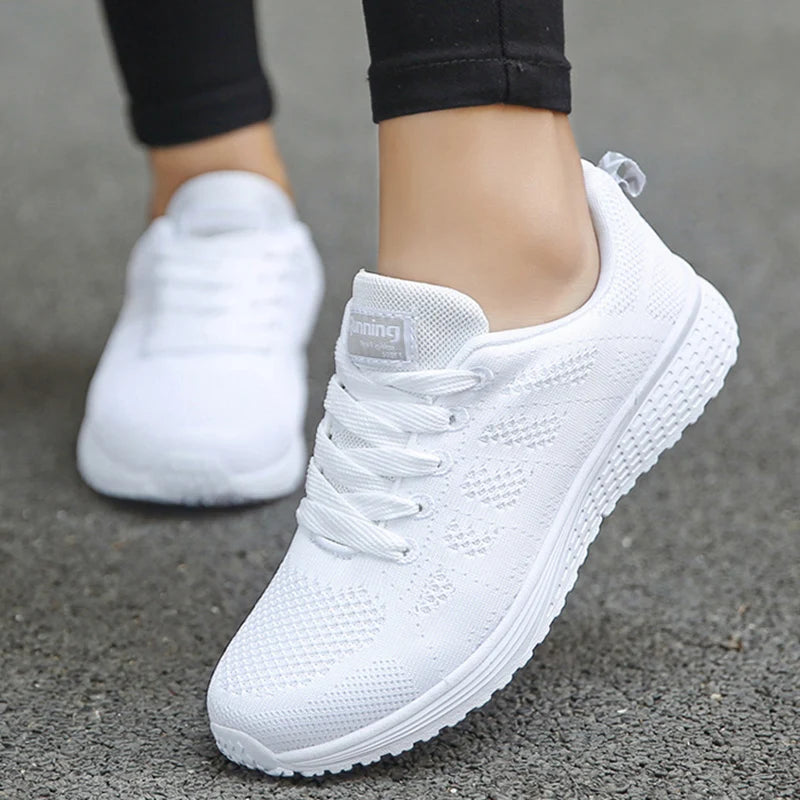 Women's Fashionable Breathable Mesh Sneakers - Casual Walking and Gym Flat Shoes in White