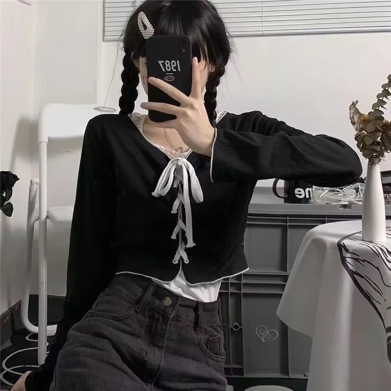 Women Long Sleeve T-Shirts Lace-Up Cardigan Patchwork Ruffles Trendy Sweet Lovely Crop Tops Sexy Females Coat Leisure Outwear