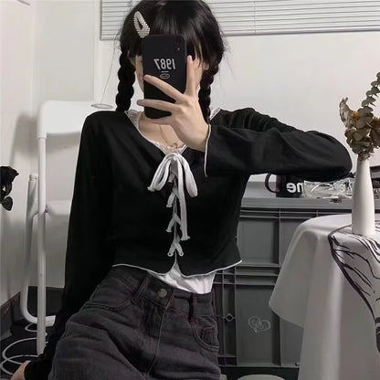 Women Long Sleeve T-Shirts Lace-Up Cardigan Patchwork Ruffles Trendy Sweet Lovely Crop Tops Sexy Females Coat Leisure Outwear