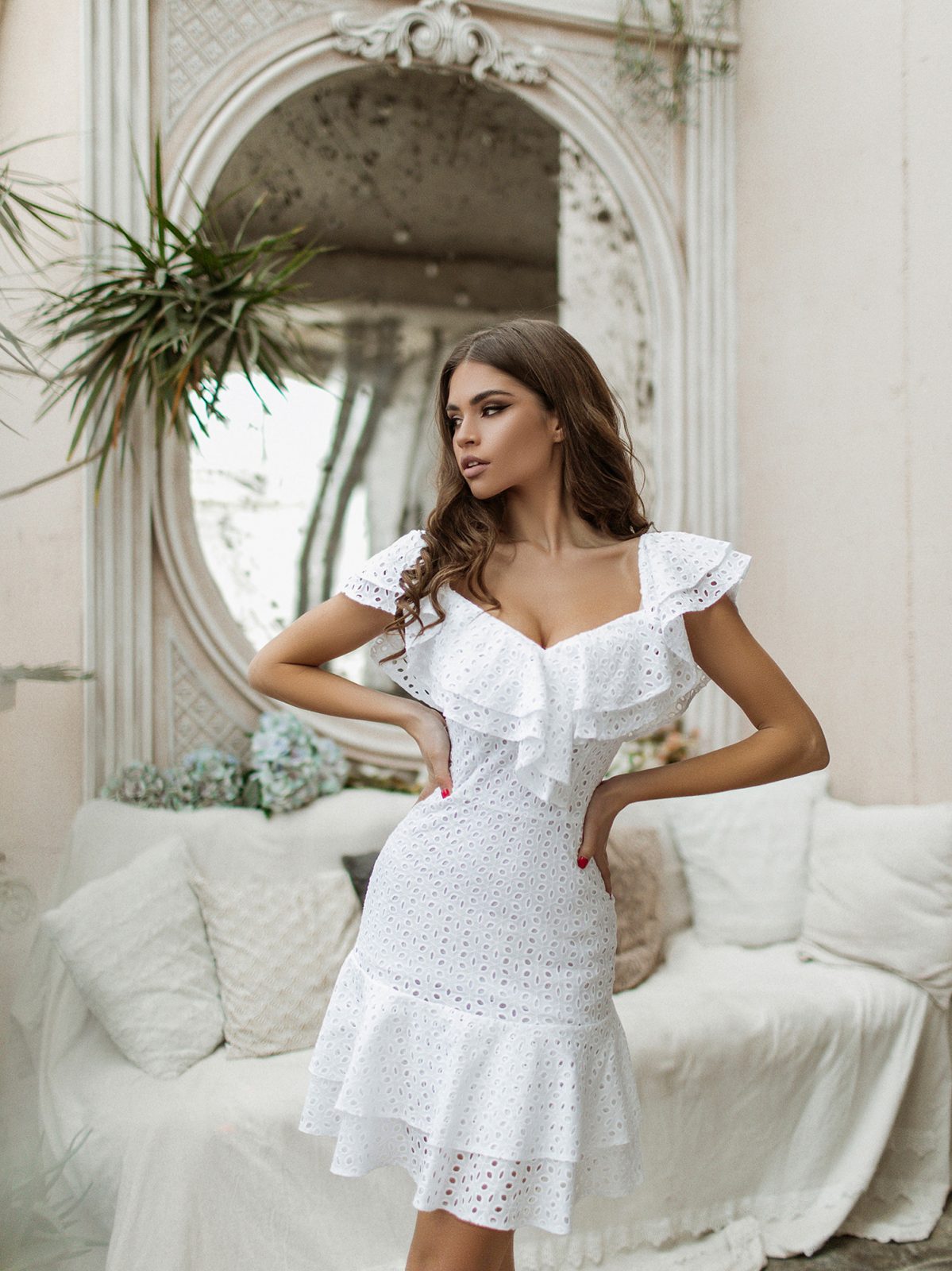 Off shoulder ruffle mini dress in white cotton — GLOWSYOU garden party dress