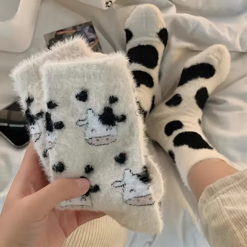 2 Pairs of Stylish Cow Spot Print Socks, Thickened Coral Fleece for Warmth, Women's Hosiery Collection