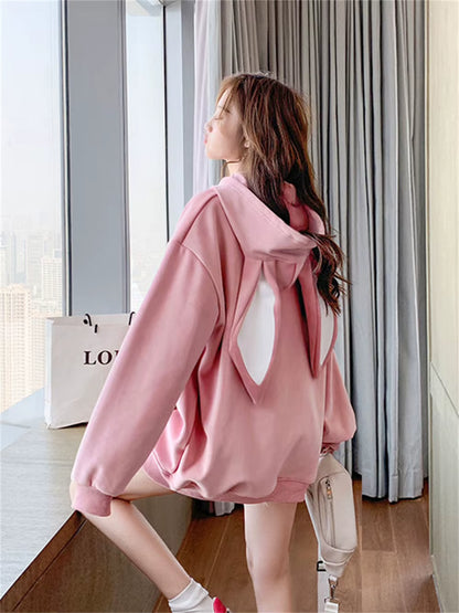 Sweet Cute Preppy Style Rabbit Ears plus Velvet Thick Hoodies Women Loose Long Sleeve Pullover Kangaroo Pocket Tops Sweatshirt