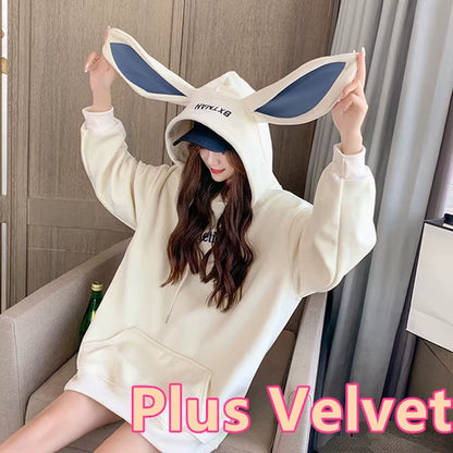 Sweet Cute Preppy Style Rabbit Ears plus Velvet Thick Hoodies Women Loose Long Sleeve Pullover Kangaroo Pocket Tops Sweatshirt