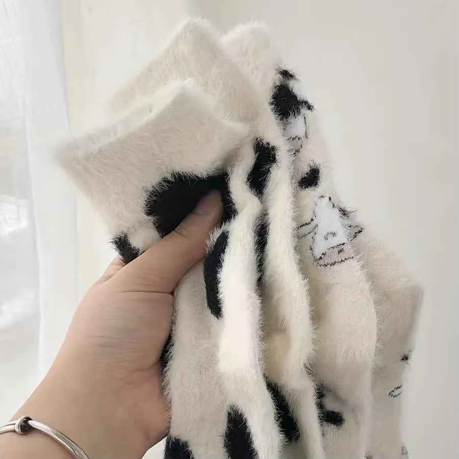 2 Pairs of Stylish Cow Spot Print Socks, Thickened Coral Fleece for Warmth, Women's Hosiery Collection