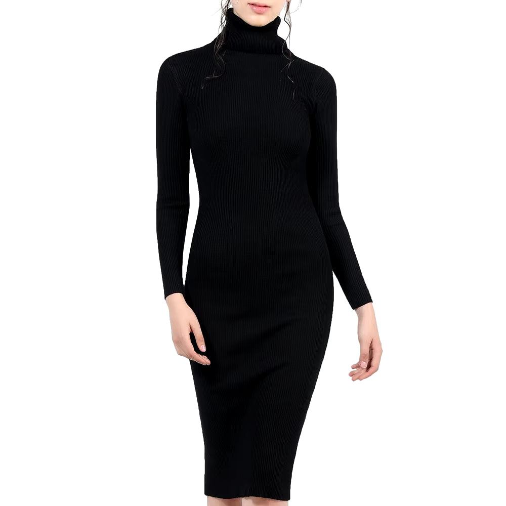 Women's Autumn Winter Knitted Turtleneck Bodycon Dress with Long Sleeves