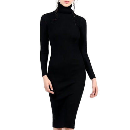 Women's Autumn Winter Knitted Turtleneck Bodycon Dress with Long Sleeves