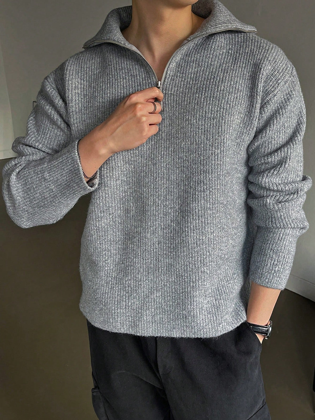 DAZY Men Ribbed Knit Quarter Zip Drop Shoulder Fall Sweater