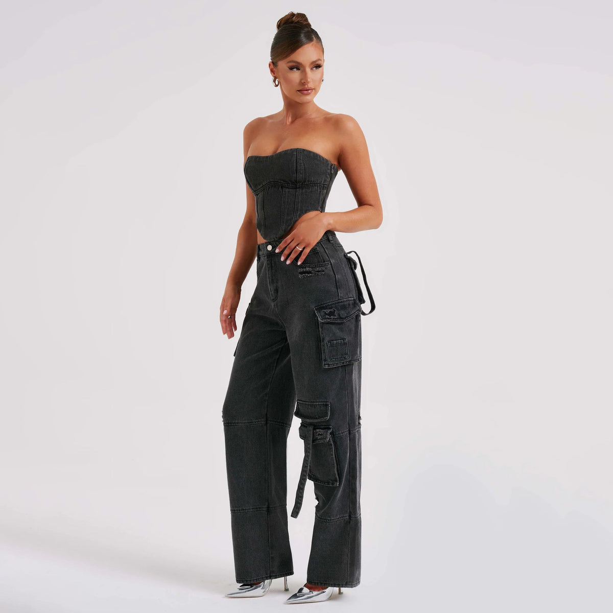 Women's Low-Waist Three-Dimensional Tube Top Jeans with Pocket Stitching