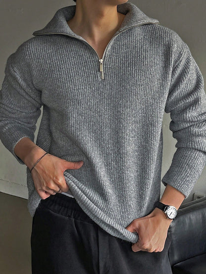 DAZY Men Ribbed Knit Quarter Zip Drop Shoulder Fall Sweater