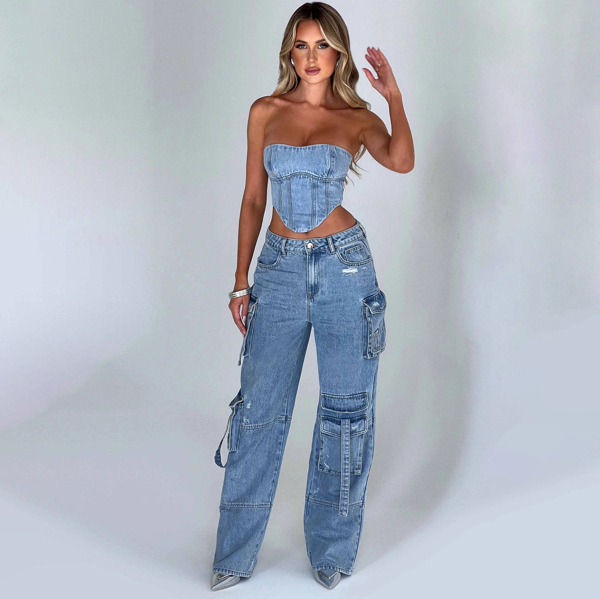 Women's Low-Waist Three-Dimensional Tube Top Jeans with Pocket Stitching