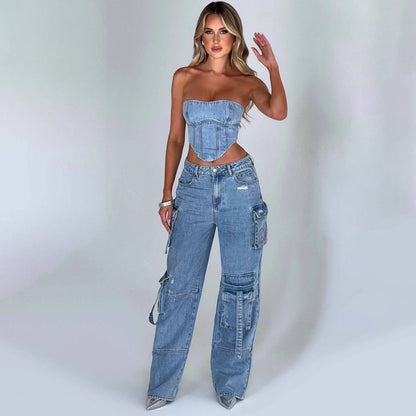 Women's Low-Waist Three-Dimensional Tube Top Jeans with Pocket Stitching