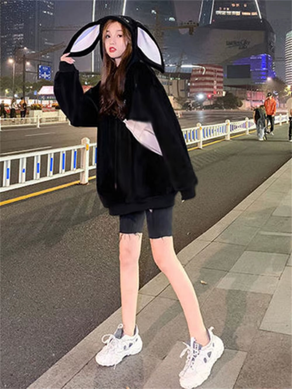 Sweet Cute Preppy Style Rabbit Ears plus Velvet Thick Hoodies Women Loose Long Sleeve Pullover Kangaroo Pocket Tops Sweatshirt