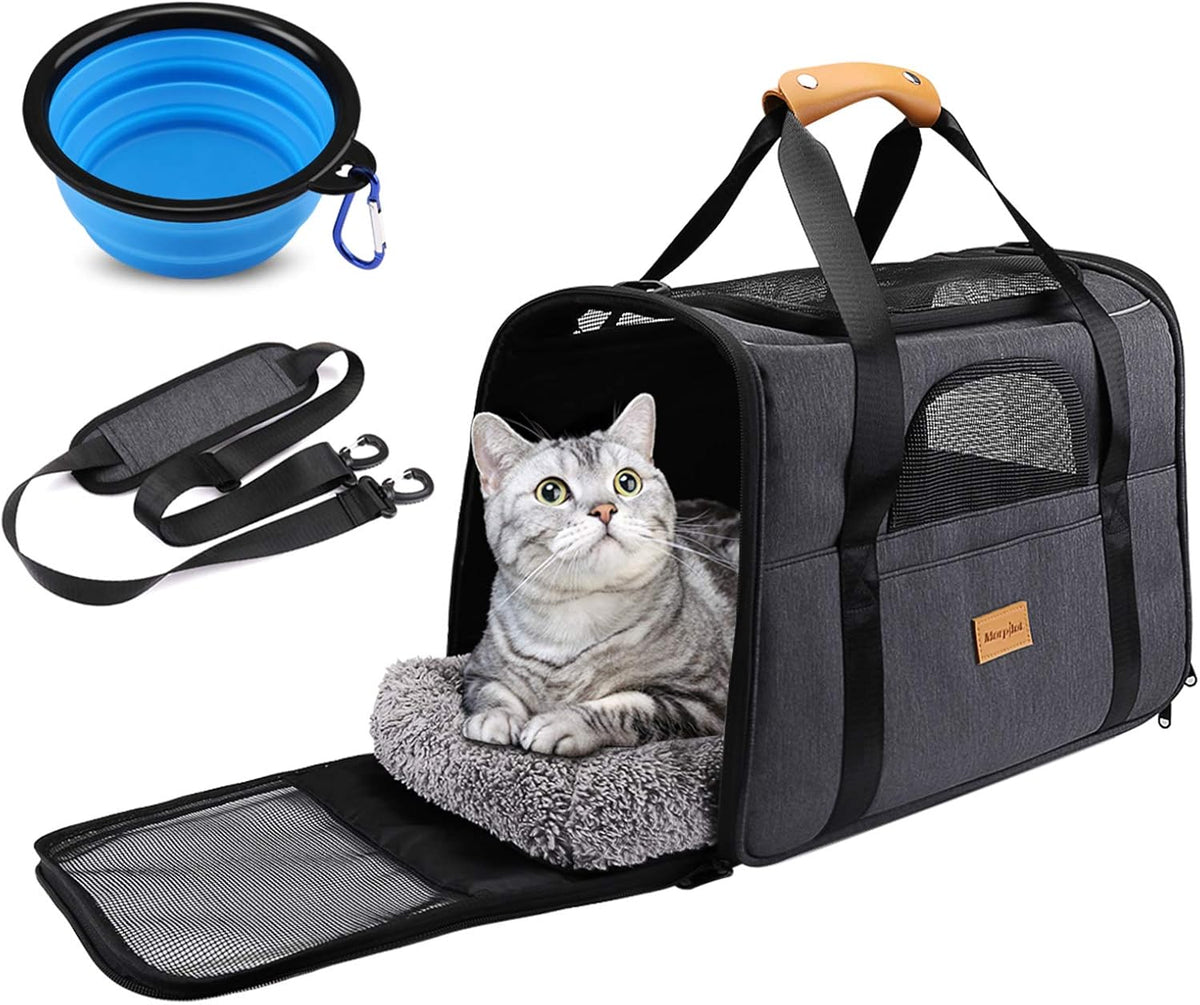 Cat Carrier, Portable Pet Carrier Bag for Cats and Small Dogs, Foldable Soft Sided Cat Transport Carrier, Airline Approved Pet Travel Carrier with Shoulder Strap, Removable Mat and Pet Bowl