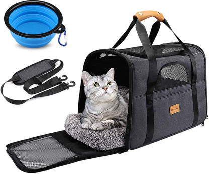 Cat Carrier, Portable Pet Carrier Bag for Cats and Small Dogs, Foldable Soft Sided Cat Transport Carrier, Airline Approved Pet Travel Carrier with Shoulder Strap, Removable Mat and Pet Bowl