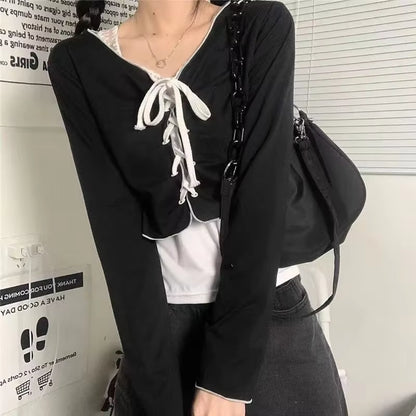Women Long Sleeve T-Shirts Lace-Up Cardigan Patchwork Ruffles Trendy Sweet Lovely Crop Tops Sexy Females Coat Leisure Outwear