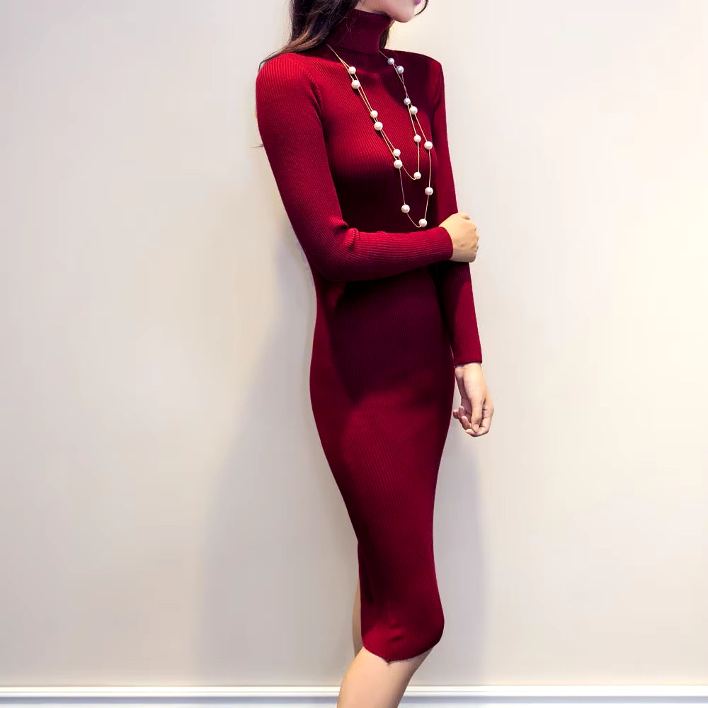 Women's Autumn Winter Knitted Turtleneck Bodycon Dress with Long Sleeves