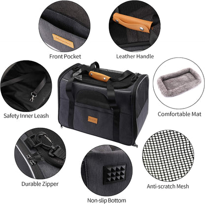 Cat Carrier, Portable Pet Carrier Bag for Cats and Small Dogs, Foldable Soft Sided Cat Transport Carrier, Airline Approved Pet Travel Carrier with Shoulder Strap, Removable Mat and Pet Bowl