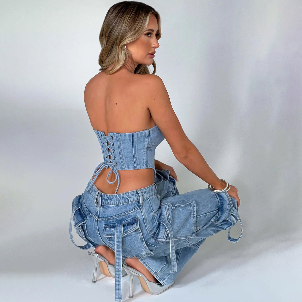 Women's Low-Waist Three-Dimensional Tube Top Jeans with Pocket Stitching