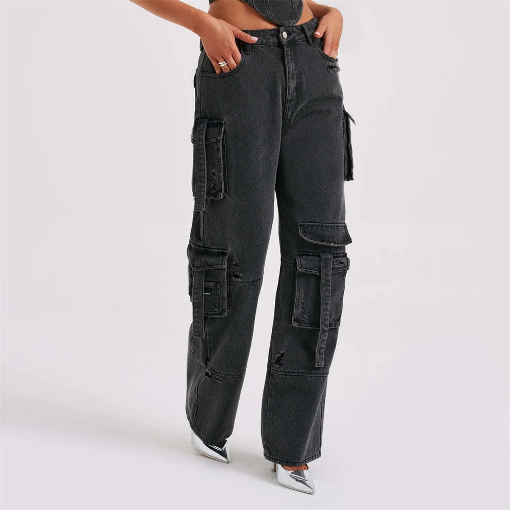 Women's Low-Waist Three-Dimensional Tube Top Jeans with Pocket Stitching