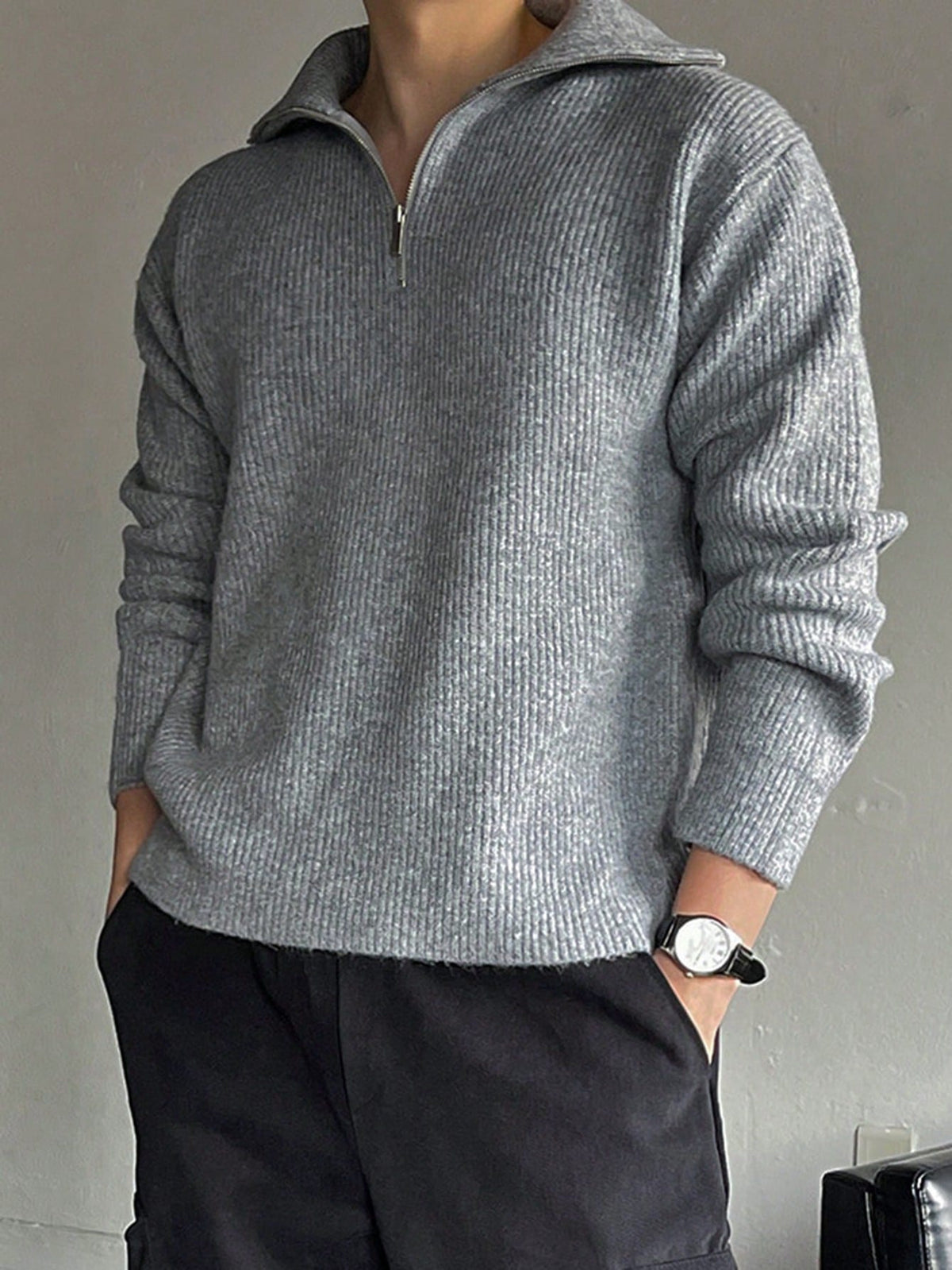 DAZY Men Ribbed Knit Quarter Zip Drop Shoulder Fall Sweater